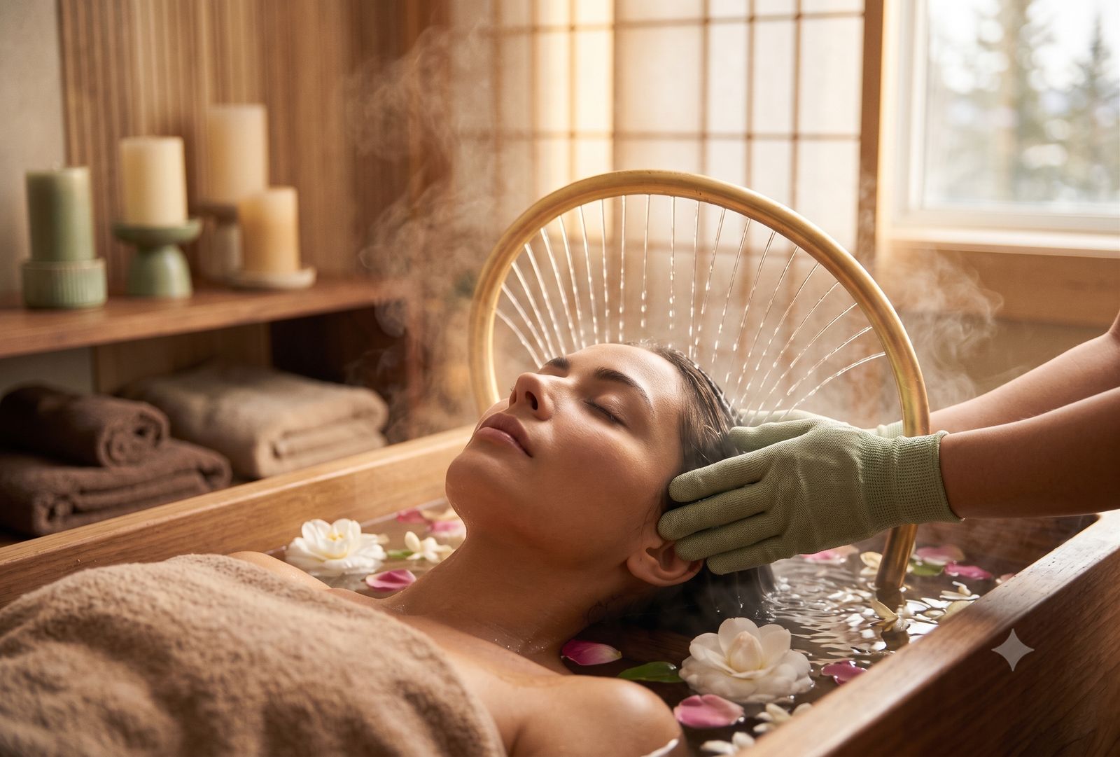 Illustration d'ambiance : fine arche d'eau au-dessus d'une femme détendue pendant un massage du cuir chevelu
