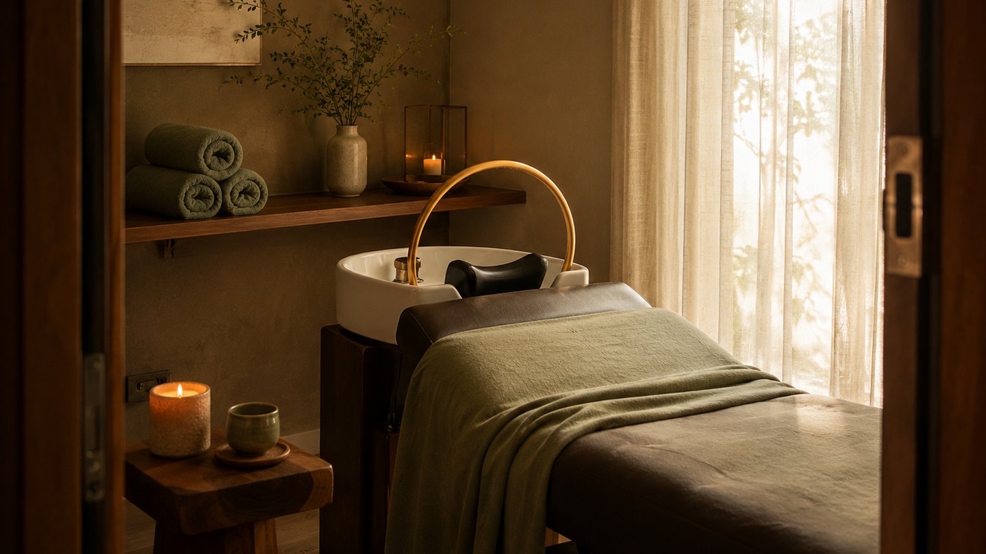 Salle de soin d'Âme Head Spa prête à recevoir une invitée : bac de lavage surmonté d'une arche dorée, couverture de lin sauge et bougie allumée