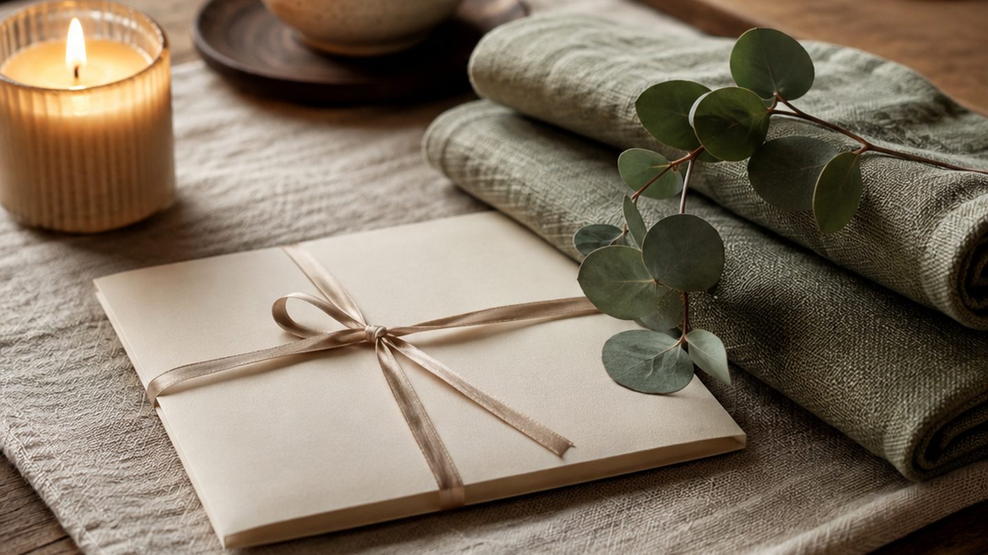 Enveloppe crème nouée d'un ruban de soie sur une nappe de lin, près de serviettes de lin sauge et d'une bougie allumée