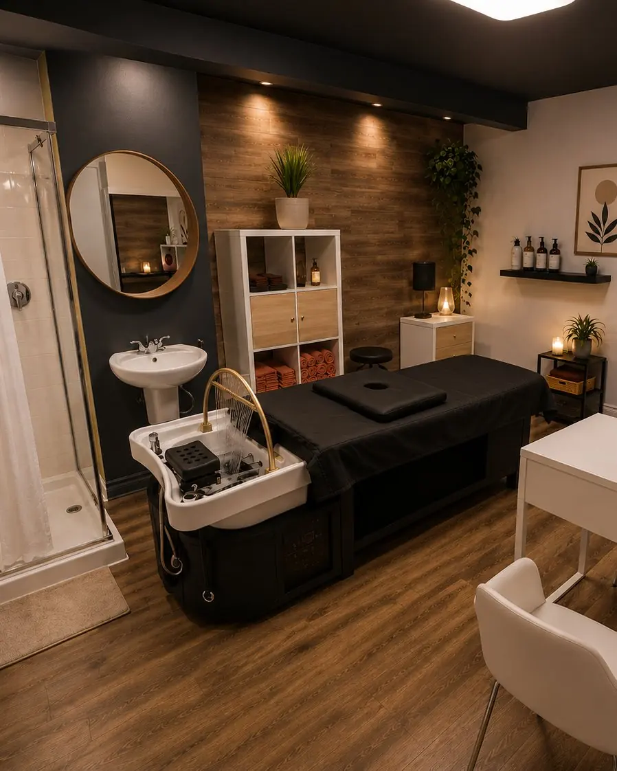 Salle de soin Âme Head Spa à Beauport (Québec) : lit head spa professionnel, station de lavage et douche